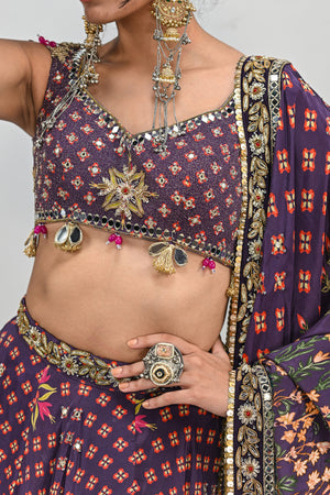 Plum Highlighted Lehenga Paired with Plum Badla Blouse and Highlighted Dupatta image 5