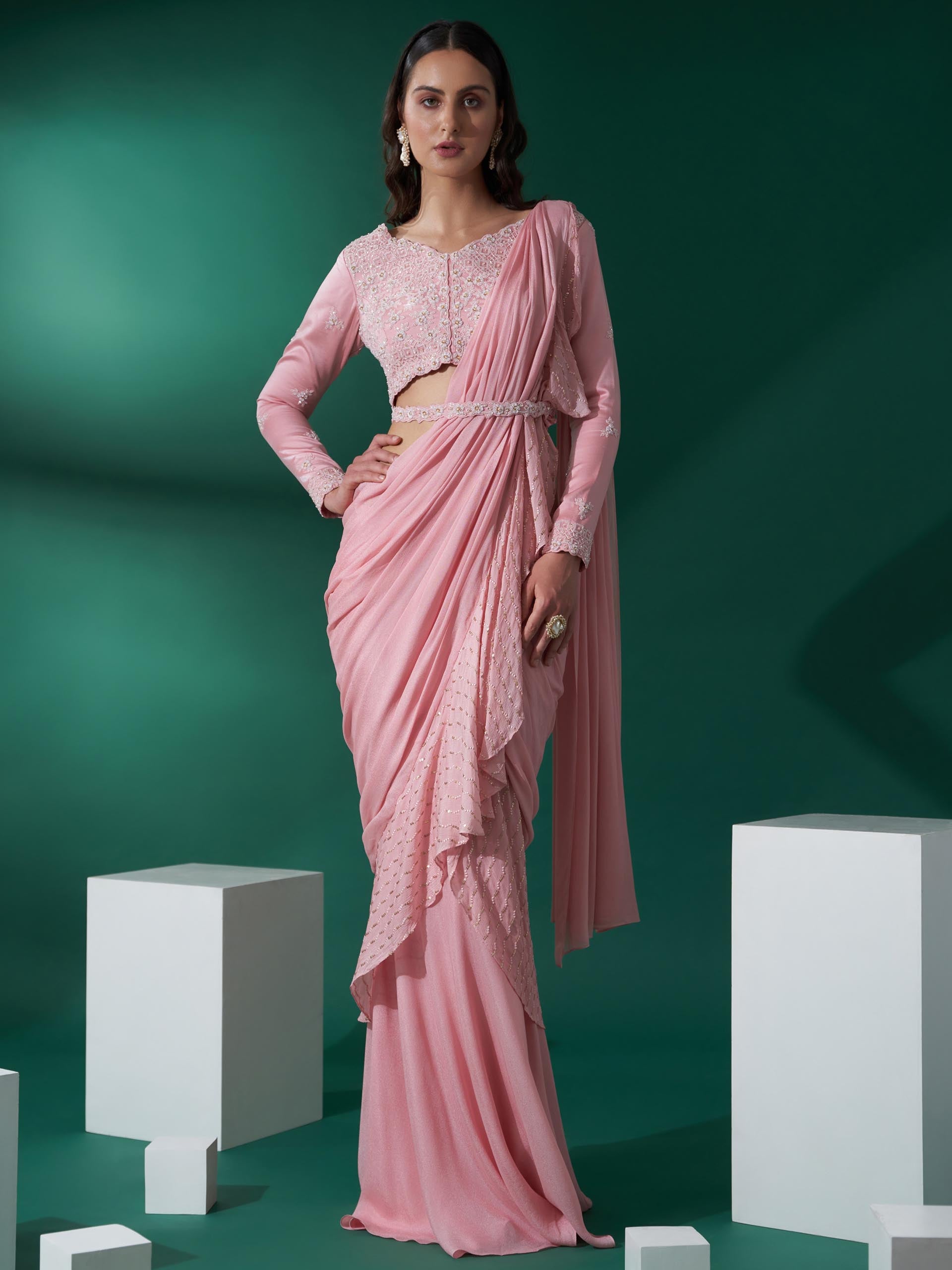 Light Pink Pre Draped Saree Set - XL image