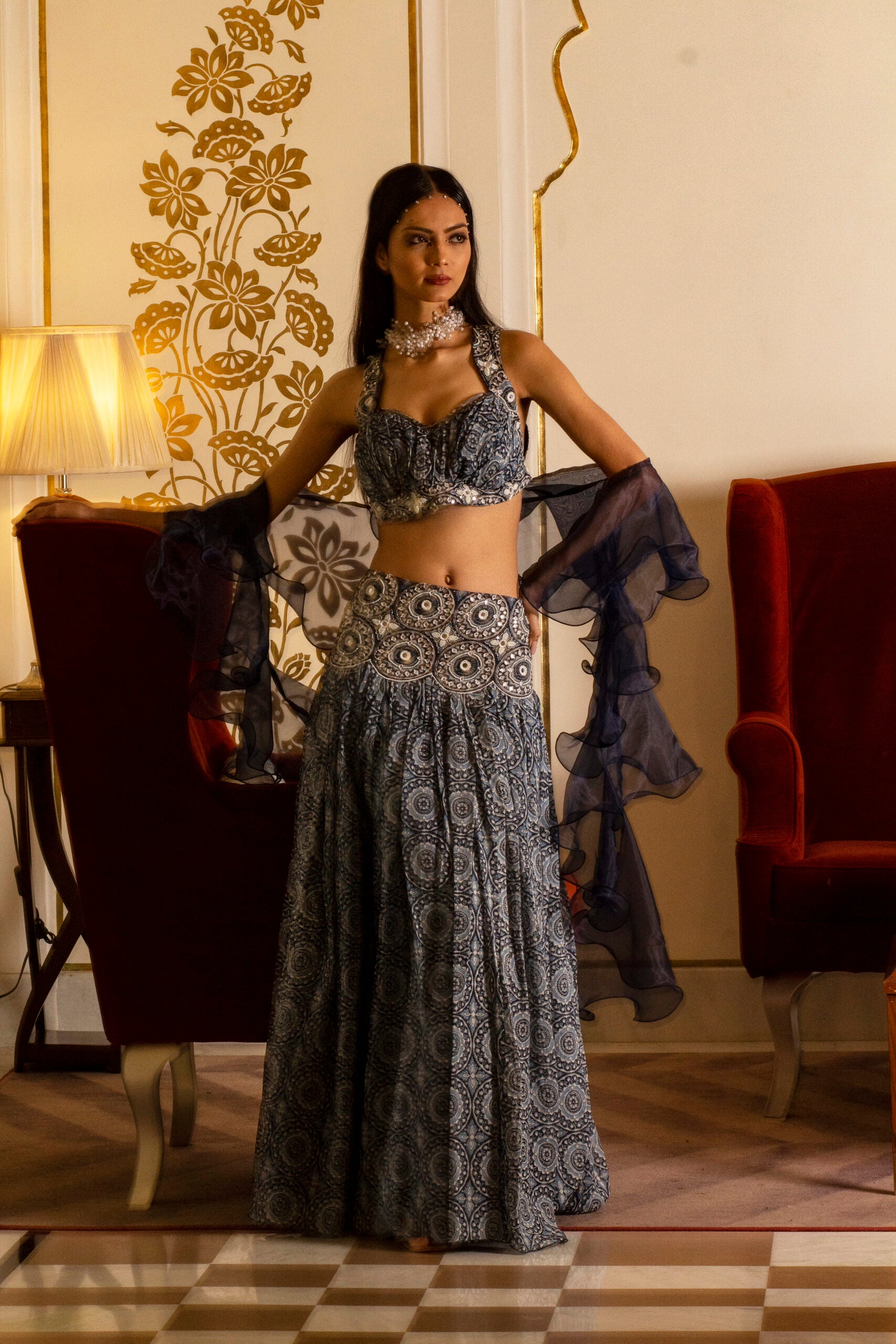 Blue Printed Broad Belt Skirt Set - S image