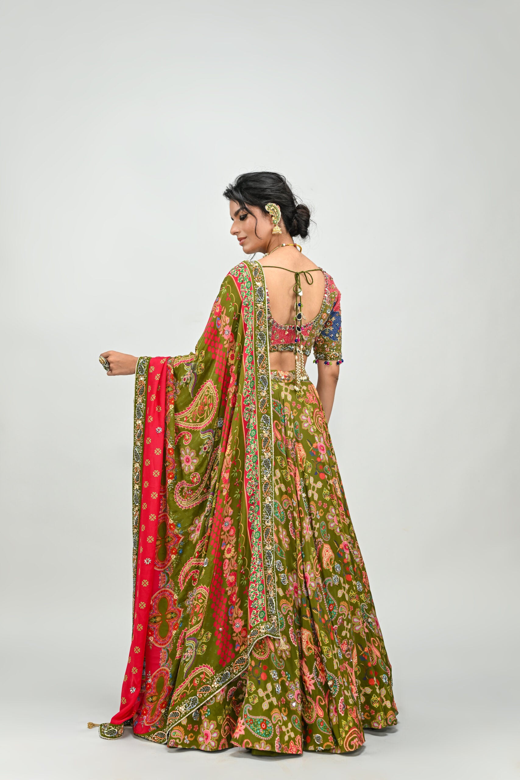 Olive Highlighted Lehenga Paired With Patch Embroidered Badla  Blouse and  Dual Print Highlighted Dupatta image 2