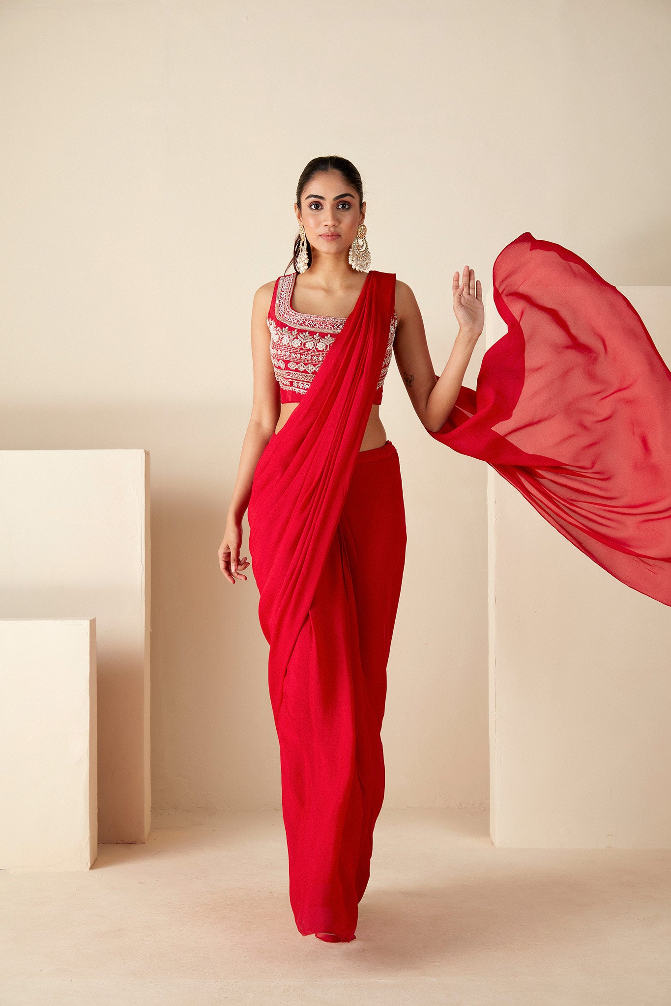 Red Pre-Drape Saree Ensemble image 5