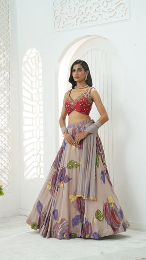 Mauve hand painted lehenga and embroidered Red blouse set image 4