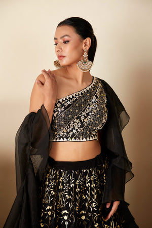 Black Georgette One Shoulder Lehenga Set image 1