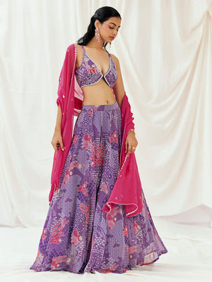 Violet Printed Embroidered Lehenga Set with Dupatta image 3