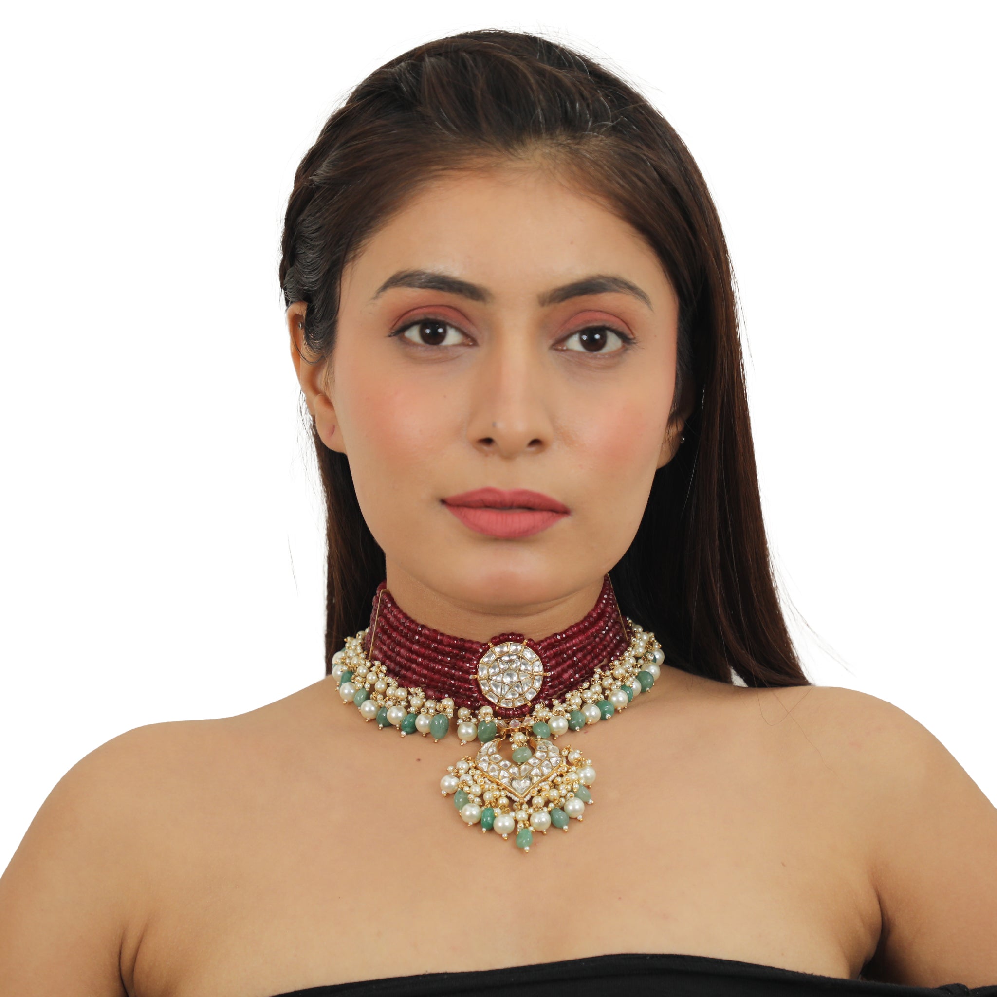 22KT Gold Plated Maroon Choker Necklace Set image 5