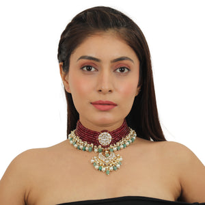 22KT Gold Plated Maroon Choker Necklace Set image 5