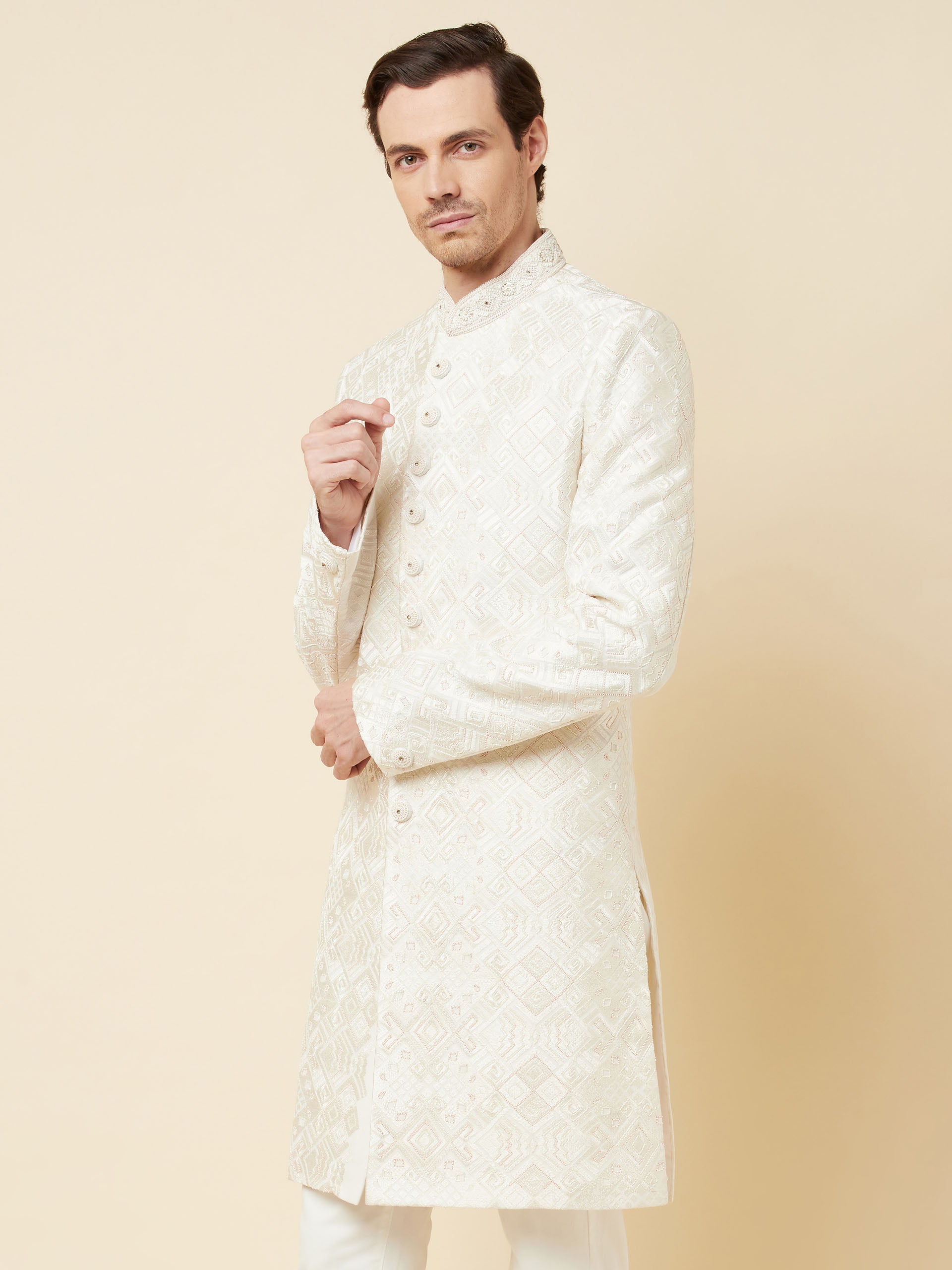 Classic White Embroidered Sherwani Set image 6