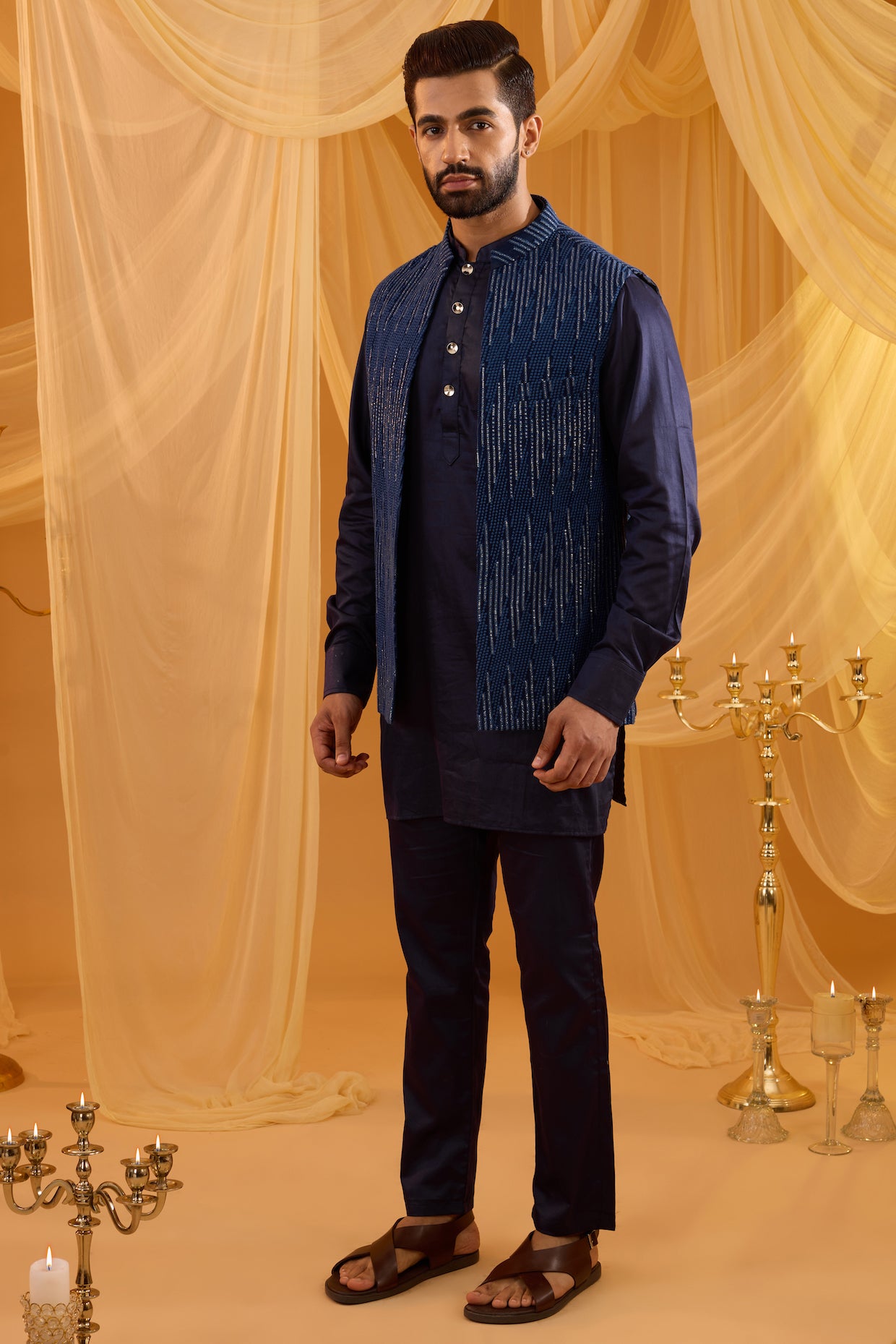 Navy Blue Sequin Embroidered Indowestern Set - Custom image