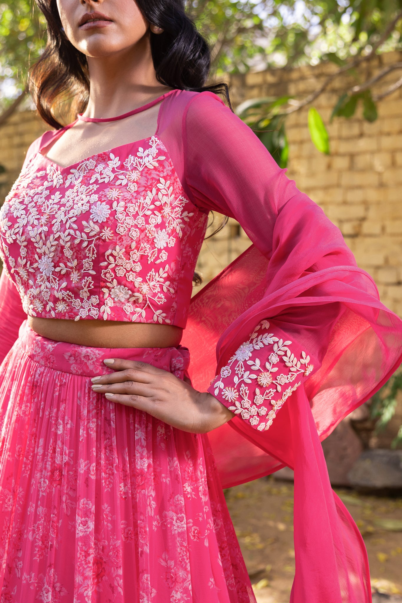 Pink Georgette &amp; Net Layered Lehenga Set image 5