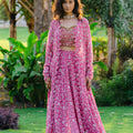 Mauve Printed &amp; Embroidered Long jacket &amp; pallazo pants Set image 0