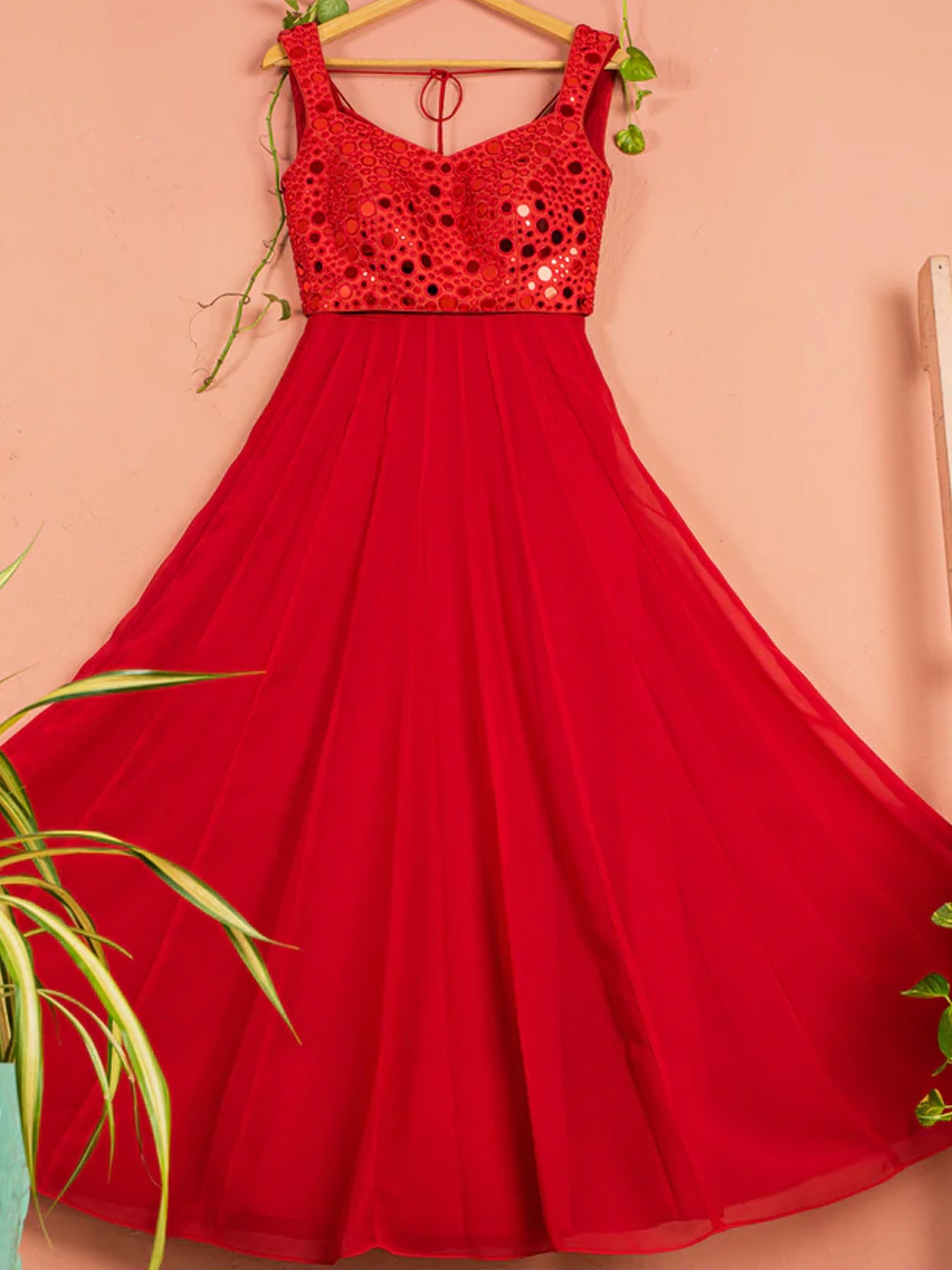 Red Mirror Work Anarkali Set image 0