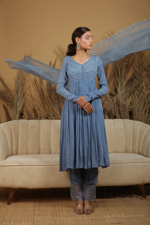 Bright Cobalt Blue Hand Embroidered Anarkali Set image 3