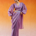 Lavender Embroidered Drape Saree Set with Belt image 0