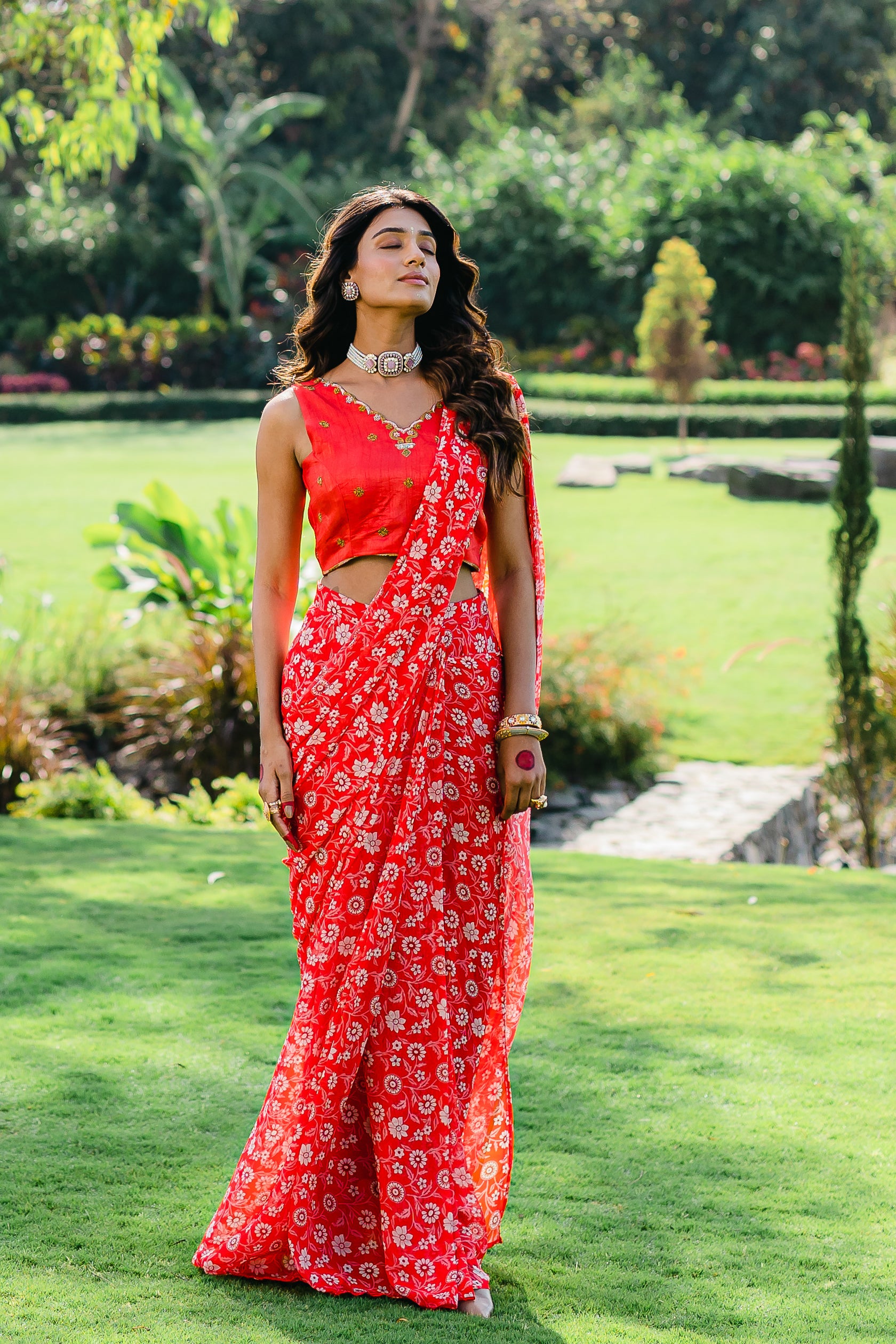 Cherry Red Floral Printed Pre-Stitched Saree Set - L image