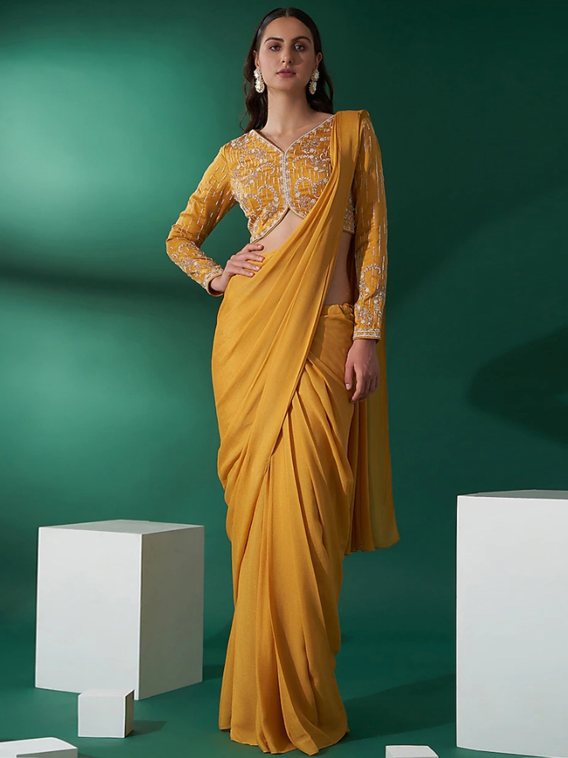 Mustard Yellow Pre Draped Saree Set - S image