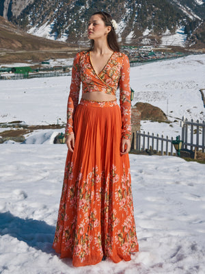 Orange Floral Lehenga Set image 4