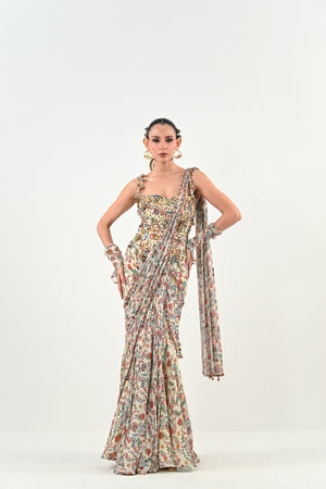 Highlighted Pre Stitched Peacock Saree Paired with Printed Highlighted Peacock Blouse - Custom image