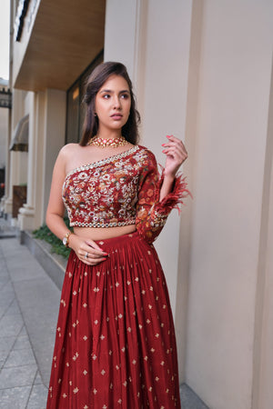 Red Lehenga with One Shoulder Blouse image 2