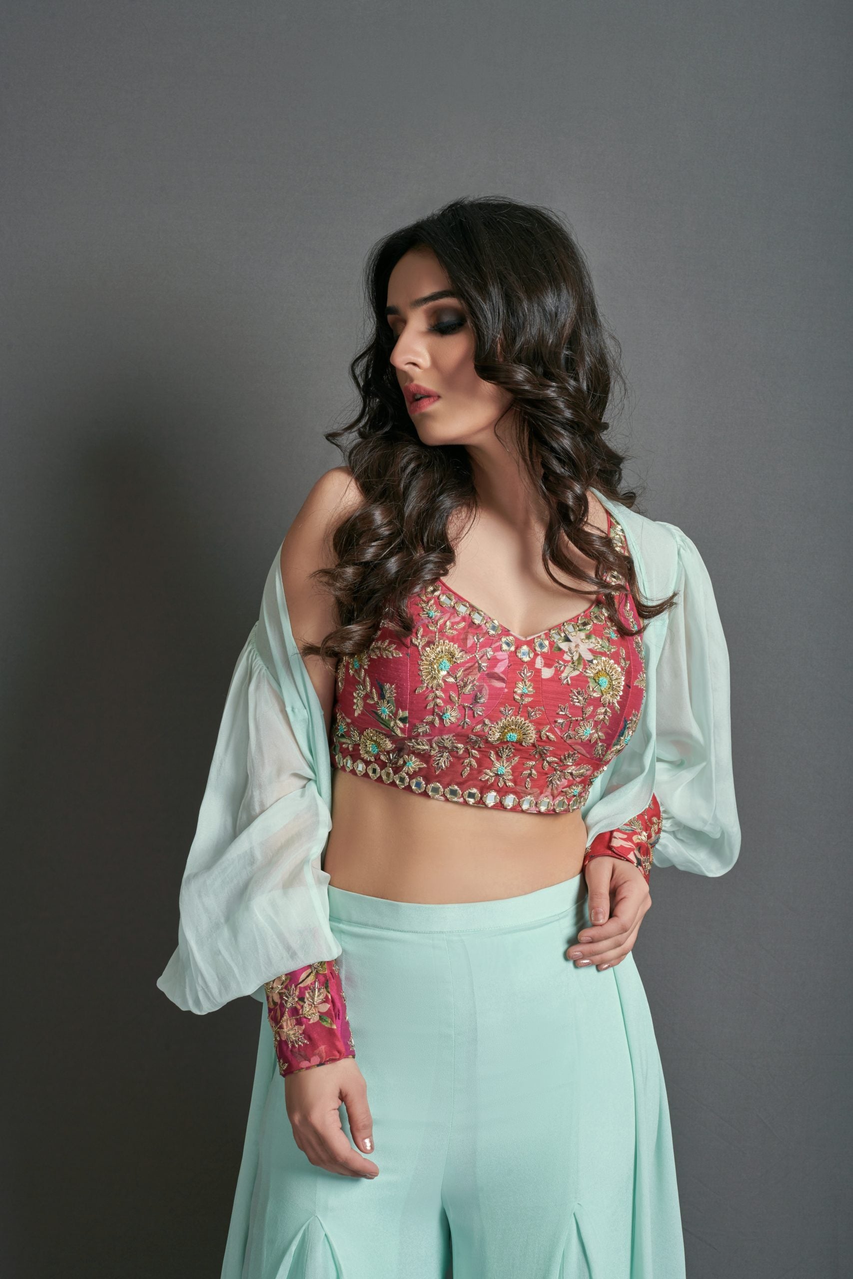 Sea Green and Crimson Red Flare Pant Set image 4