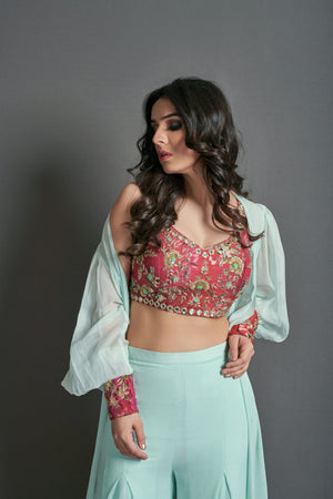Sea Green and Crimson Red Flare Pant Set image 4