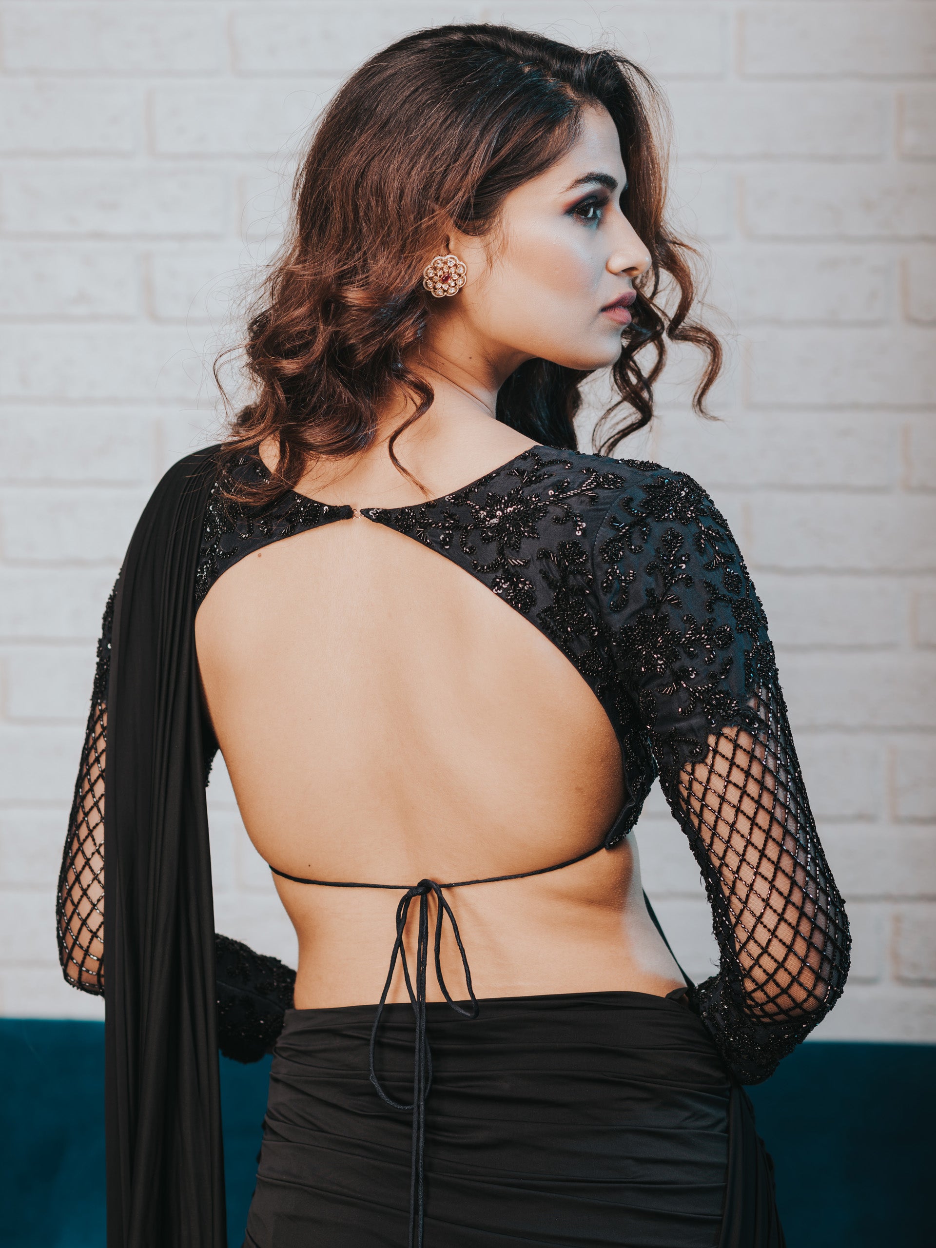 Black Drape Saree Set image 2