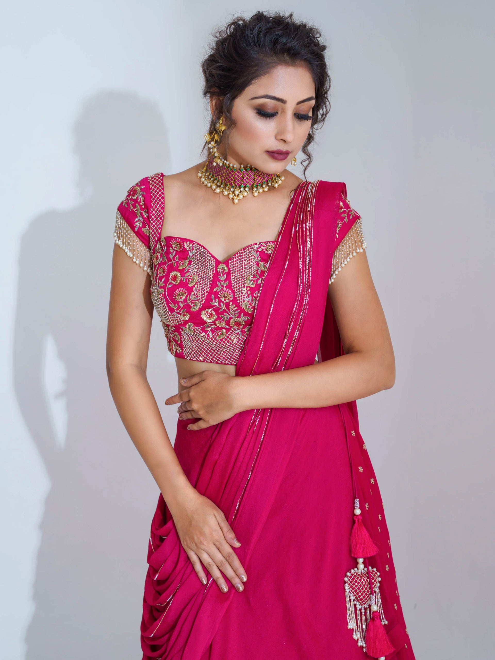 Pre Drape Dark Pink Lehenga Set image 1