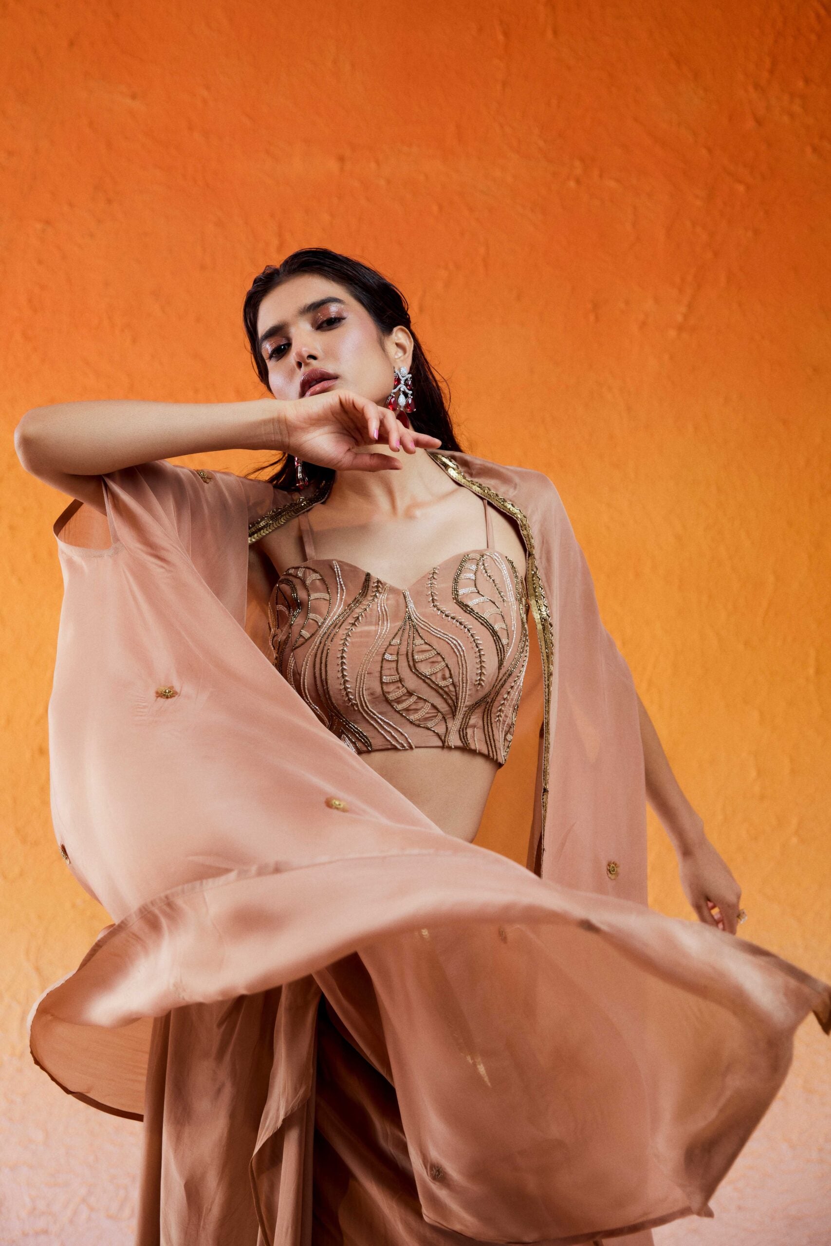 Caramel Brown Embroidered Drape Skirt Set with Cape image 5