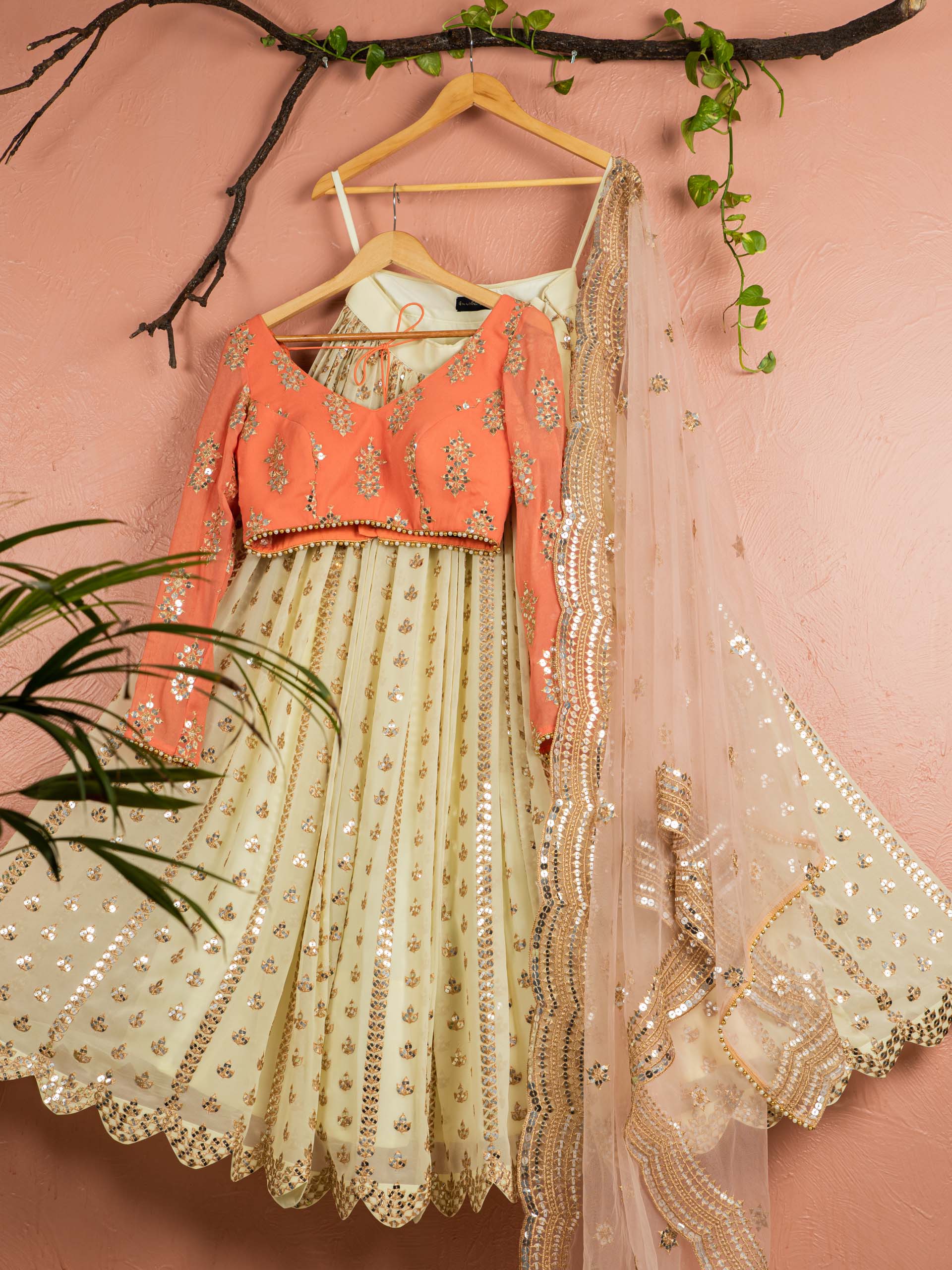Banana Butti Scallop Lehenga Set with Melon Orange Blouse - XS image