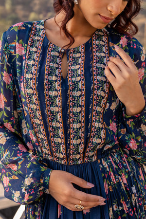 Navy Blue Floral Crepe Georgette Dress image 5