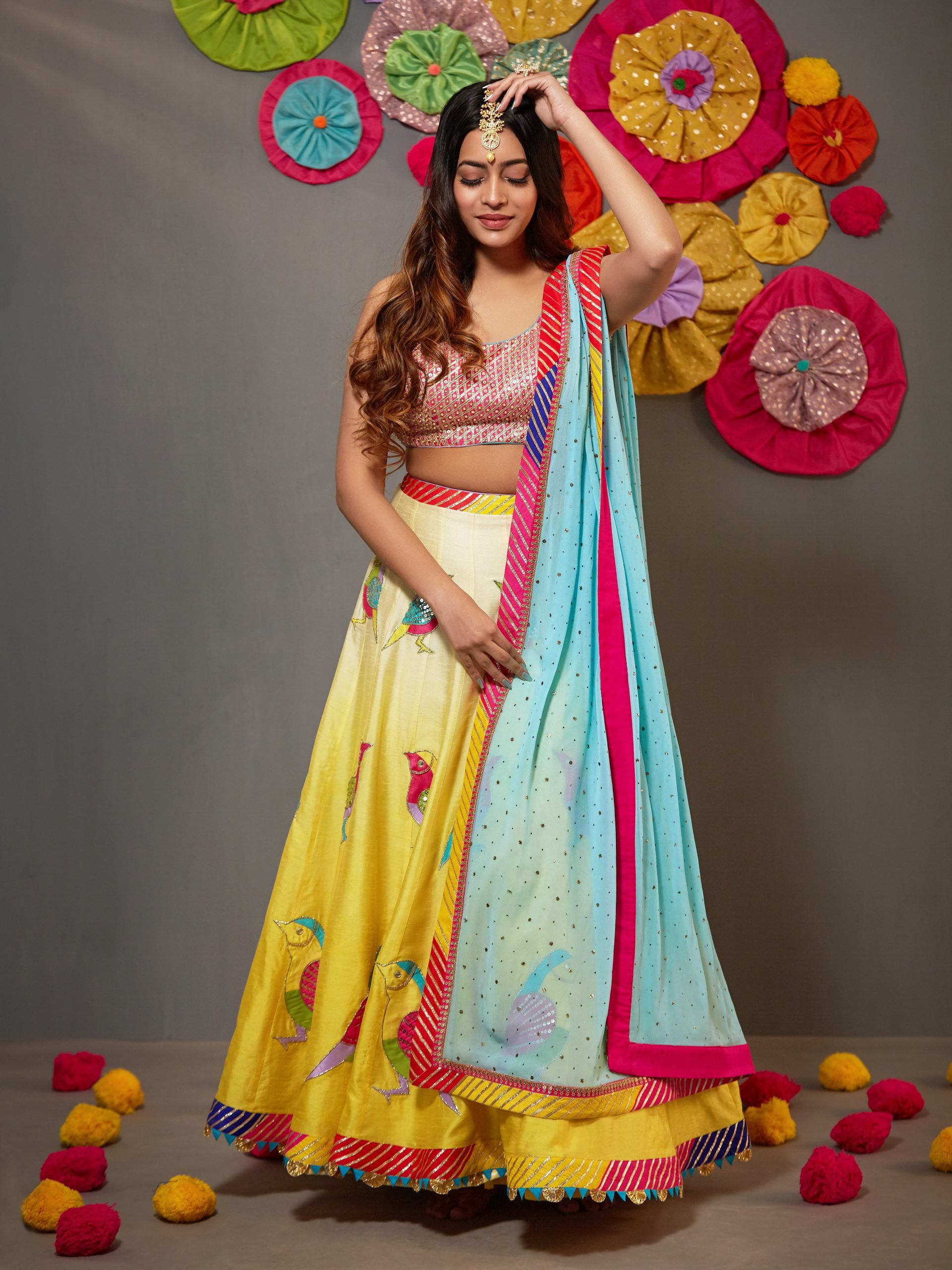 Shaded Yellow Lehenga with Pink Gota and Sequins Choli Set - L image