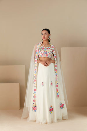 Off White Georgette Crepe and Organza Lehenga Set - L image