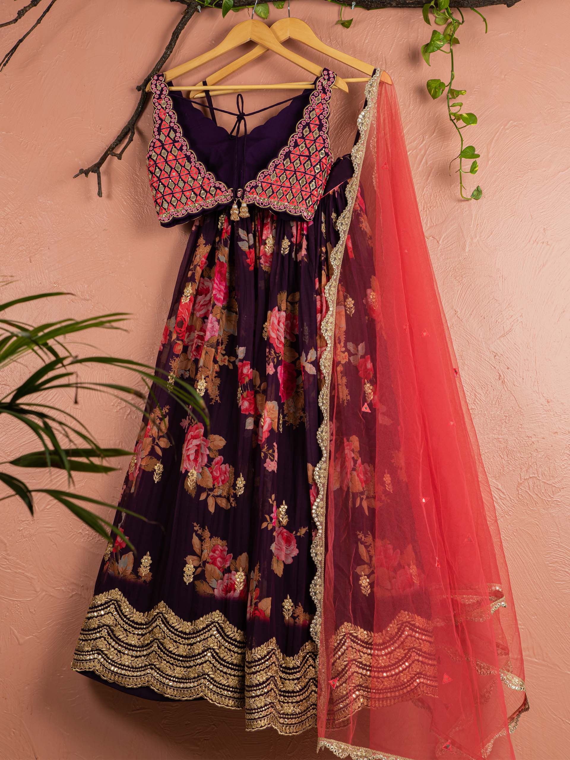 Violet Floral Mirror Lehenga Set with Pink Dupatta image 1