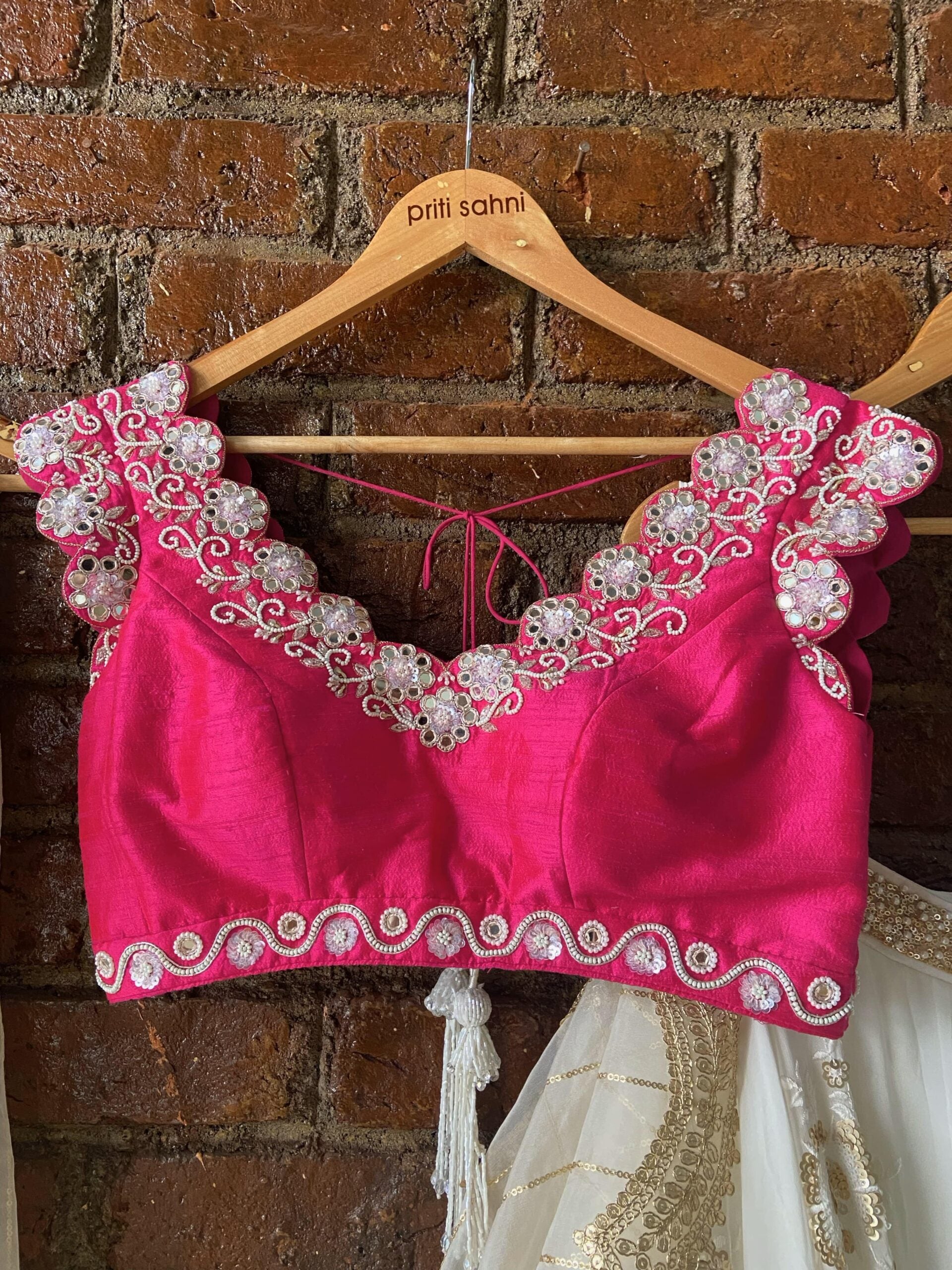 Ivory and Fuchsia Lehenga Set with Mirror Work image 3
