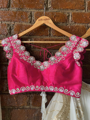 Ivory and Fuchsia Lehenga Set with Mirror Work image 3