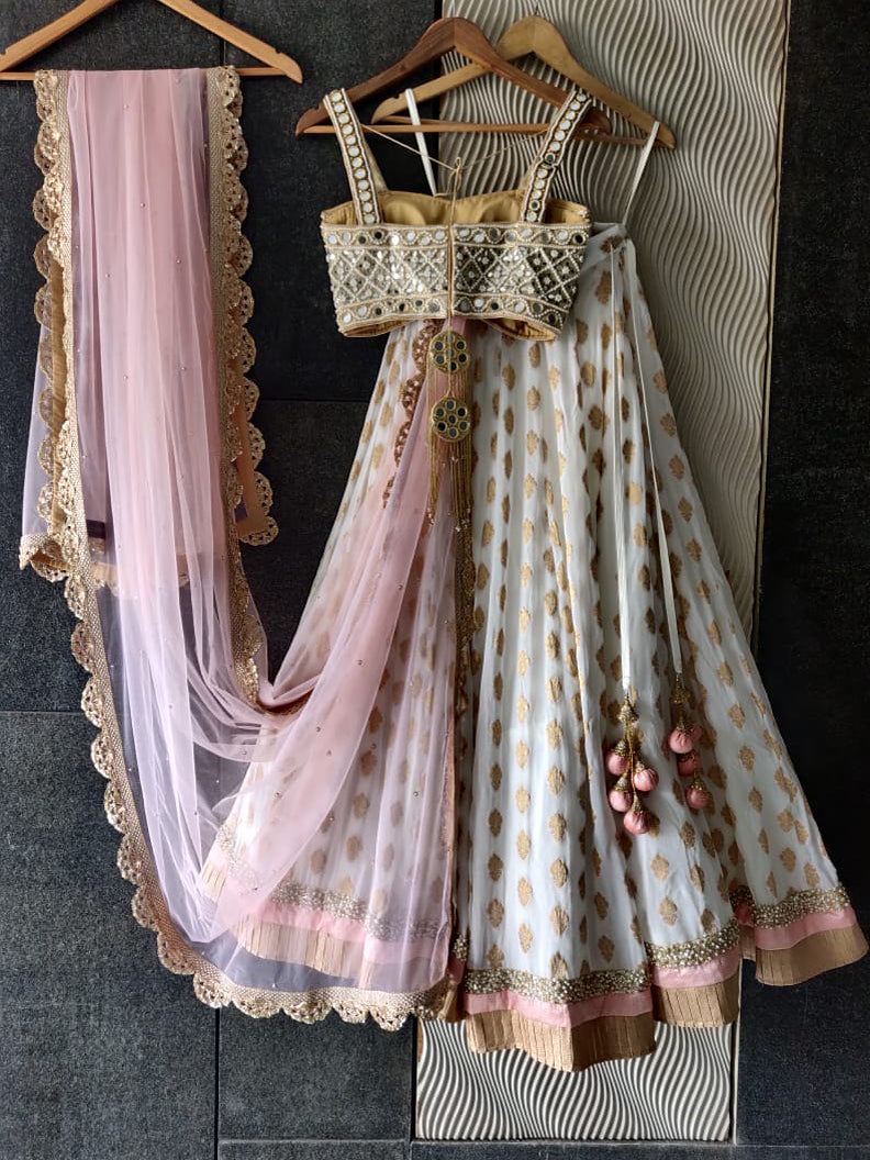 Ivory and Mirror Bustier with Ivory and Blush Pink Lehenga image 1