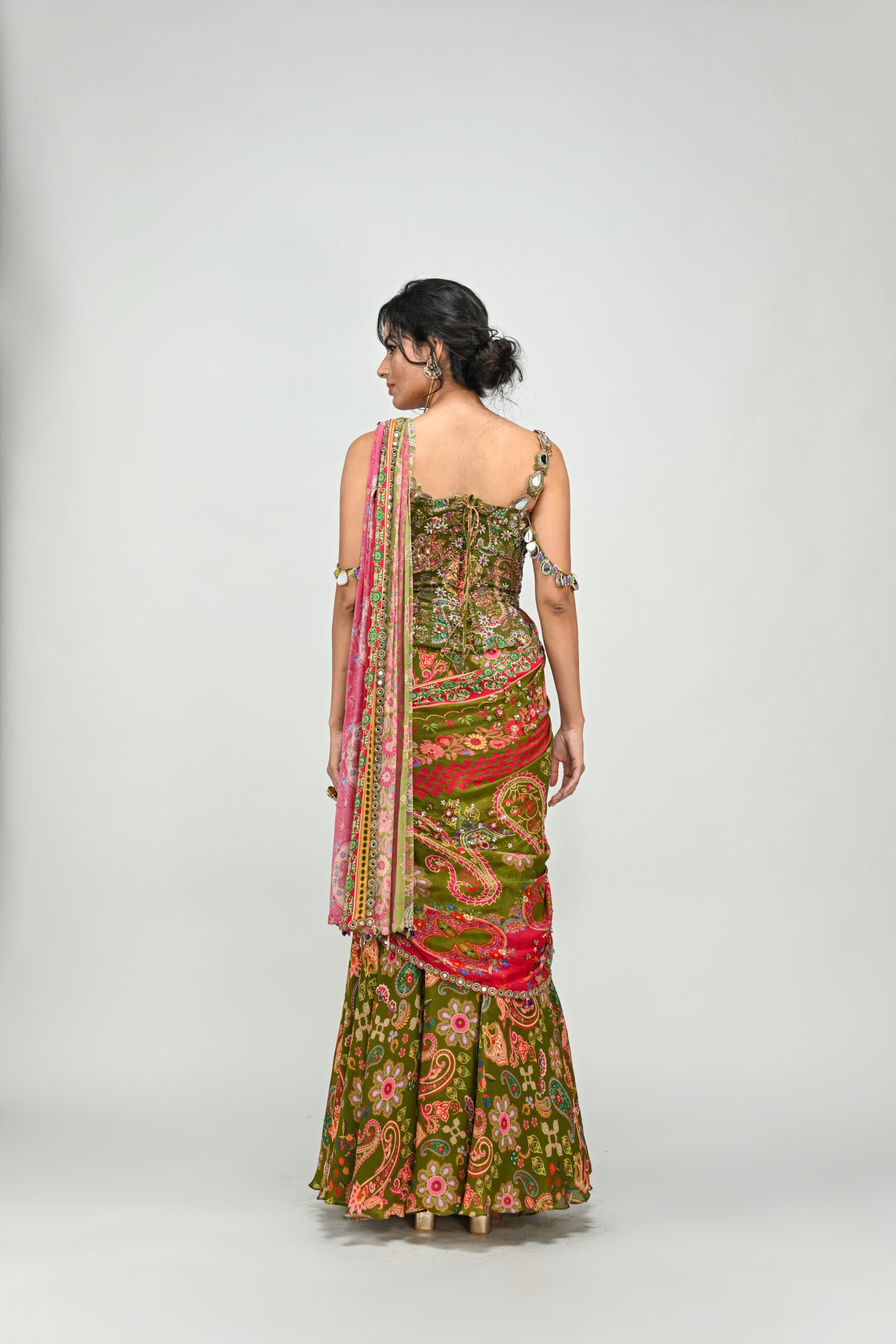 Olive Highlighted Dual Pre Stitched Saree with Green Badla Corset image 2