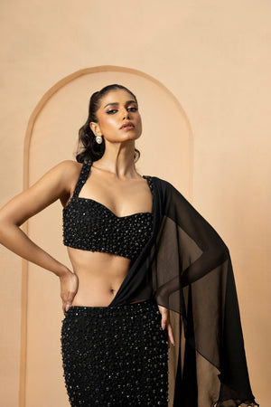 Black Crystal Embellished Drape Lehenga image 3
