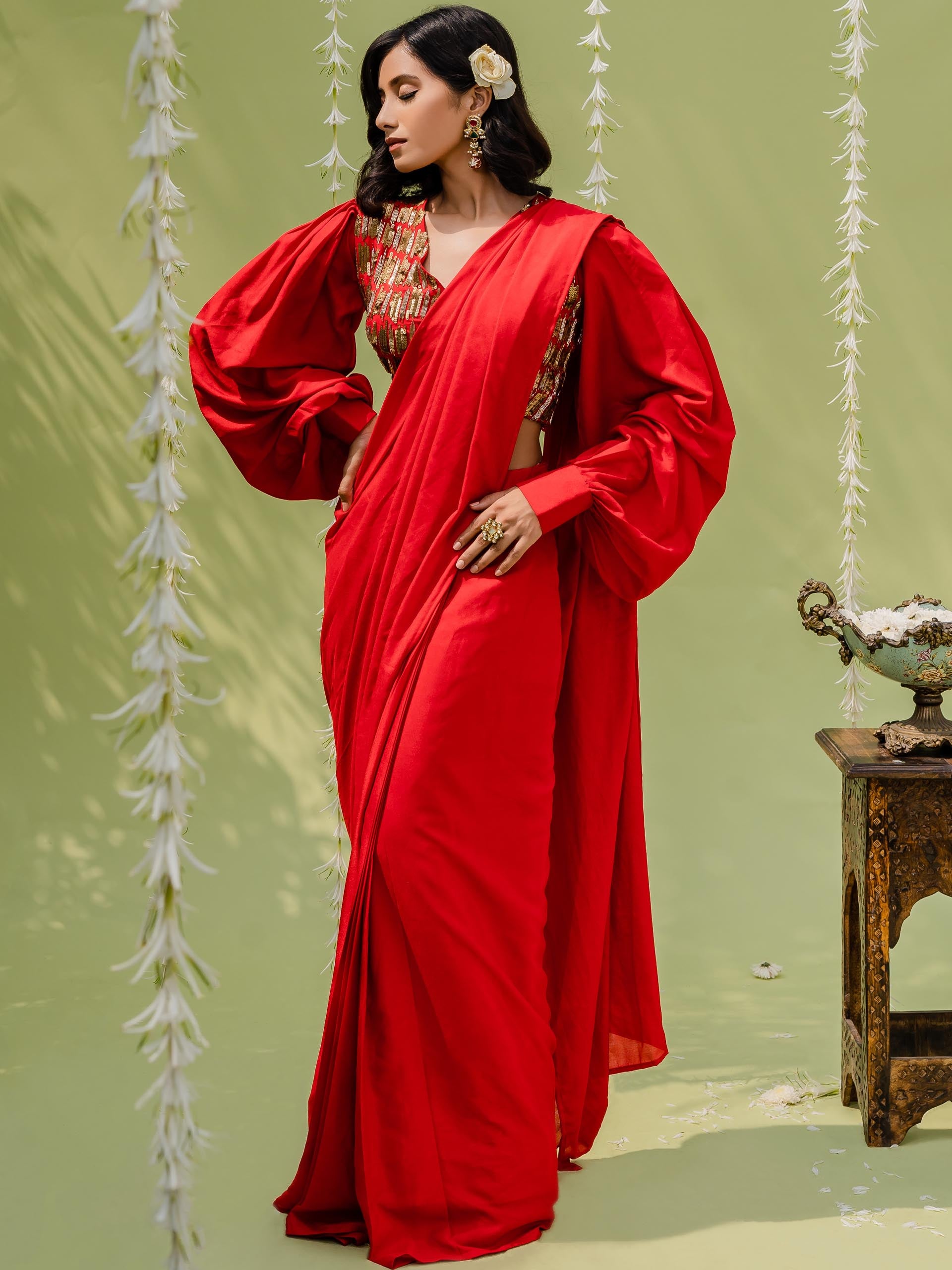 Hot Red Pre Draped Saree Set image 5