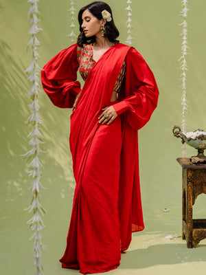 Hot Red Pre Draped Saree Set image 5