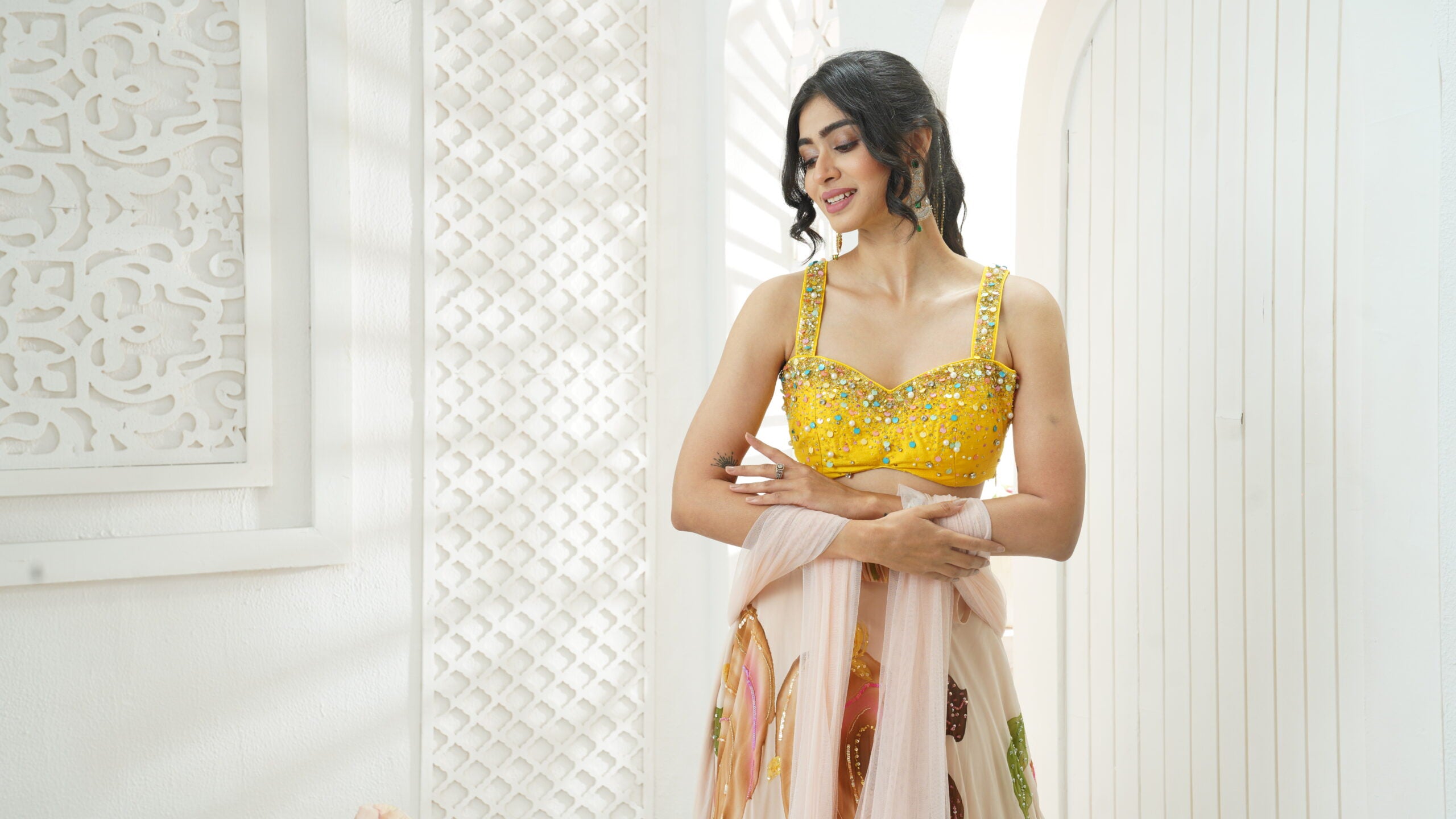 Baby Pink hand painted lehenga and embroidered  Yellow blouse set image 1
