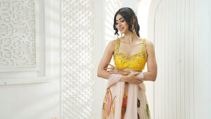 Baby Pink hand painted lehenga and embroidered  Yellow blouse set image 1