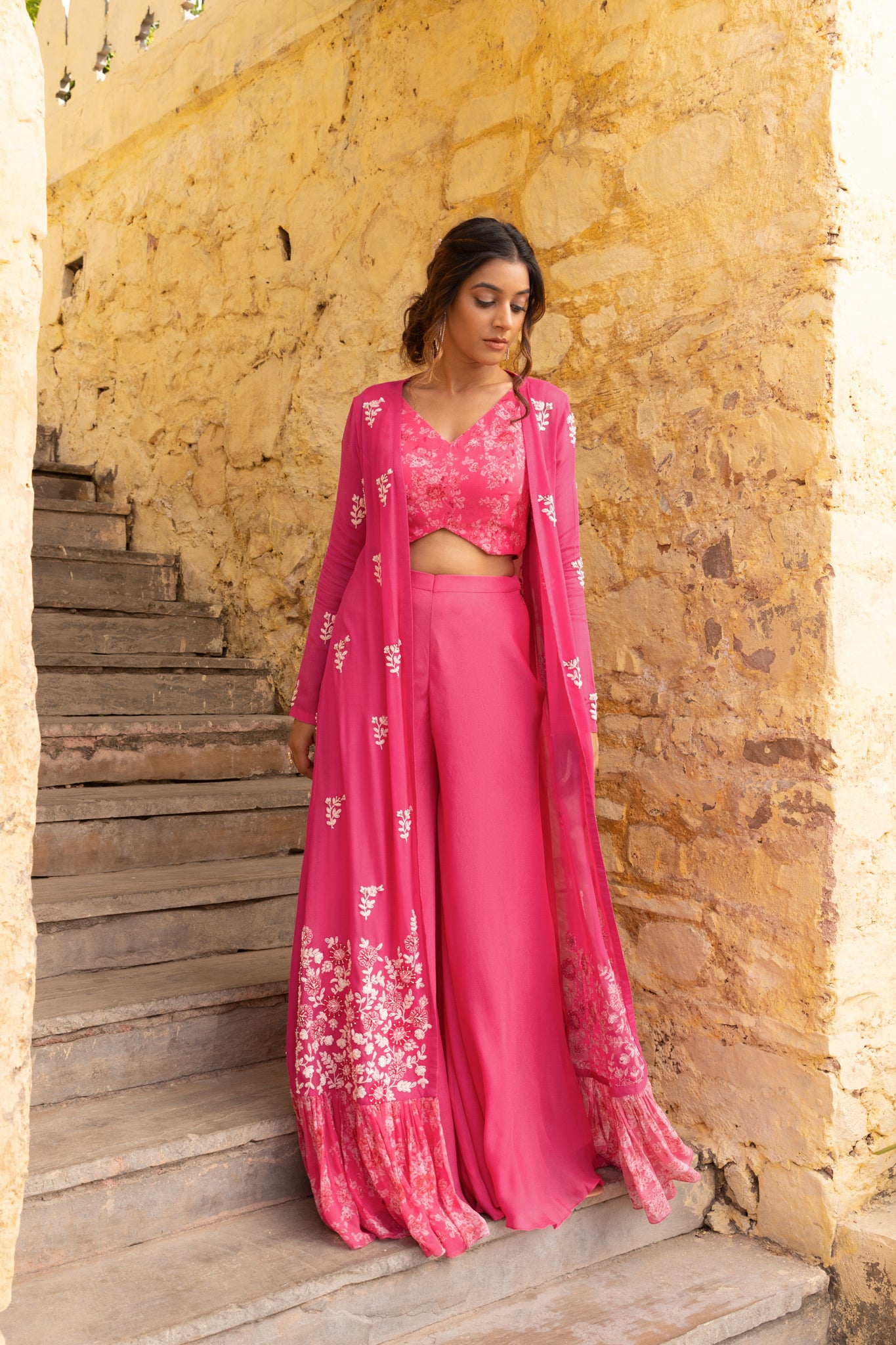 Pink Georgette Flared Pants &amp; Jacket Set - XL image