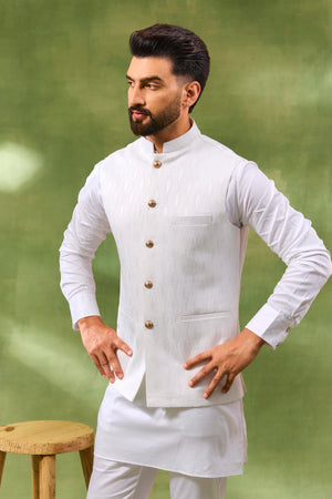 White Jacquard Jacket Kurta Set image 3