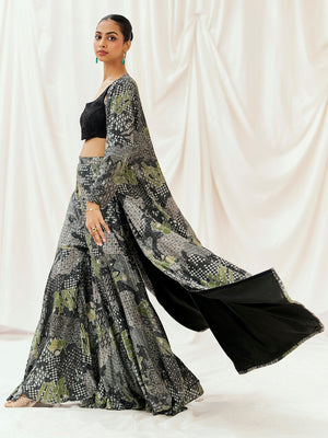 Black Printed Embroidered Long Jacket Sharara Set image 2