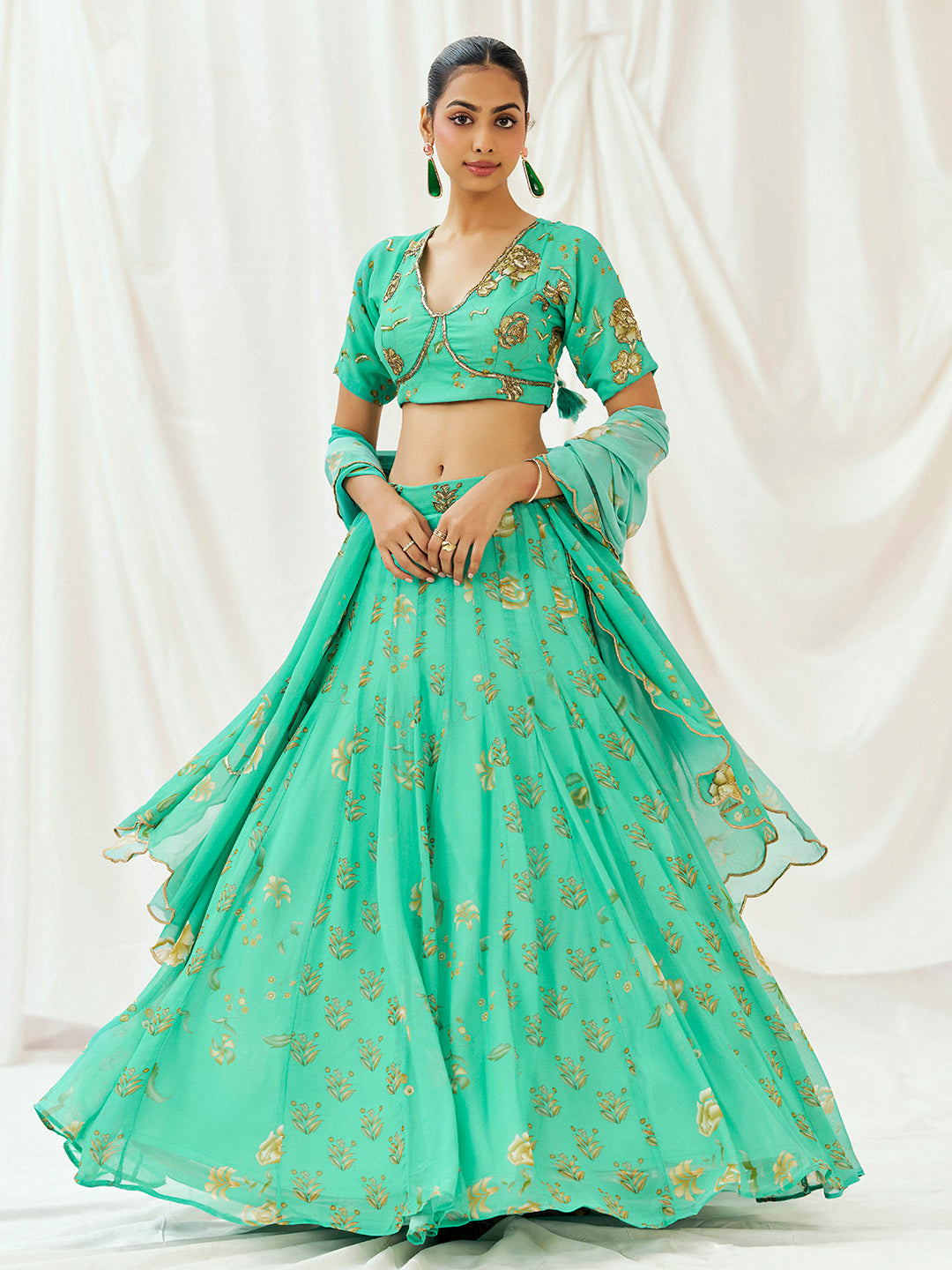 Turquoise Blue Printed Embroidered Lehenga Set with Dupatta image 4