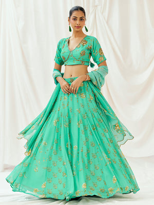Turquoise Blue Printed Embroidered Lehenga Set with Dupatta image 4