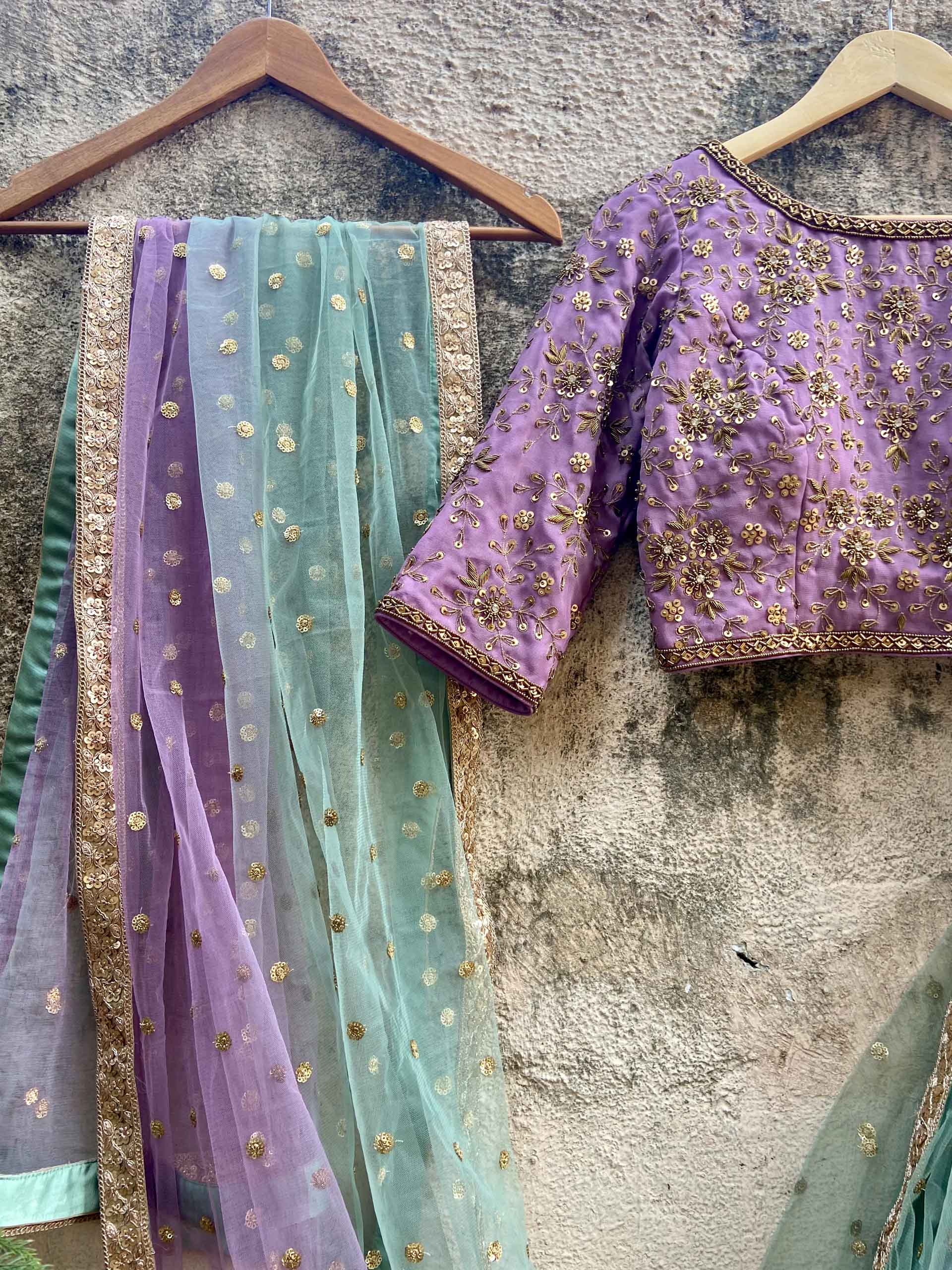 Sage Green and Mauve Lehenga Set image 4