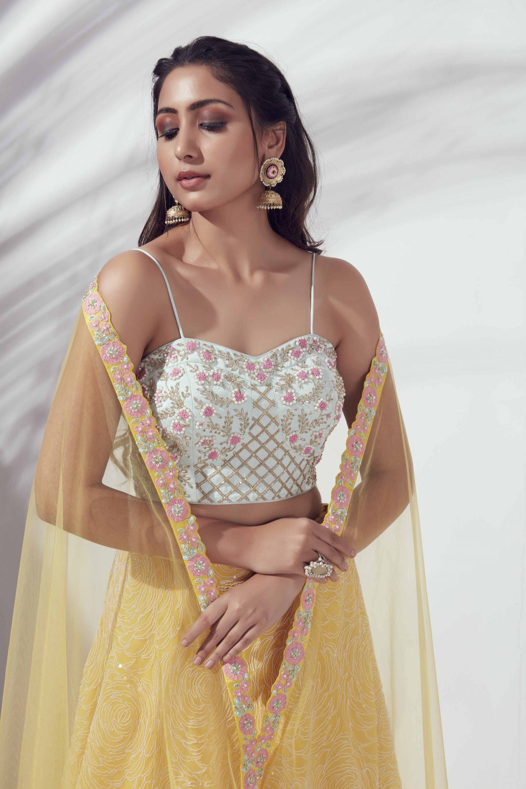 Sunflower Lehenga with Sea Green Bustier image 2