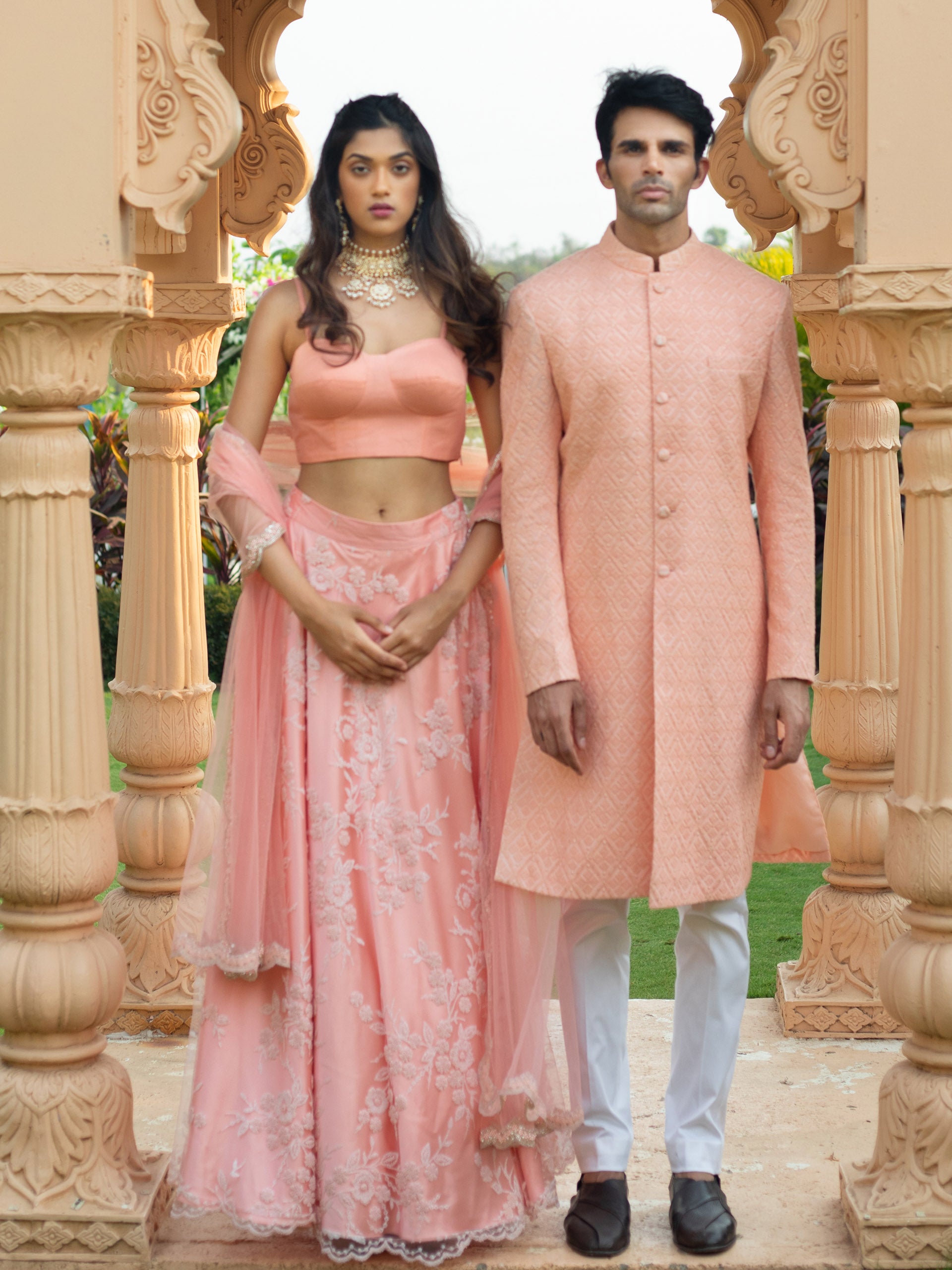 Peach Floral Bead Lehenga Set with Peach Bustier image 3