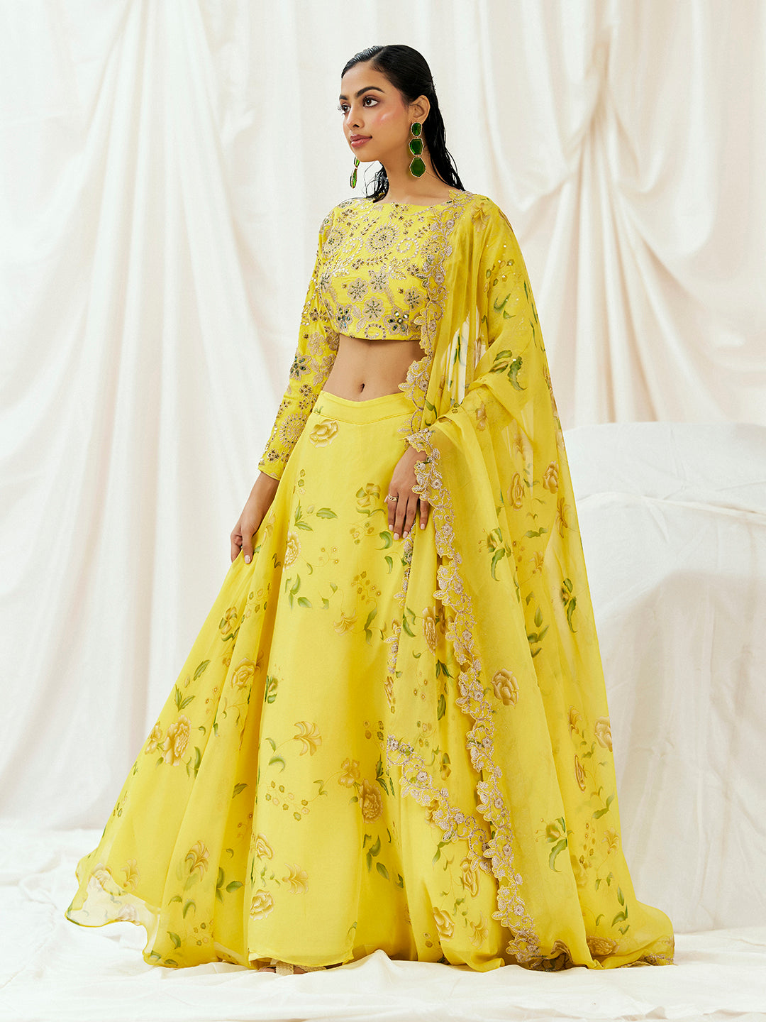 Bright Yellow Printed Embroidered Lehenga Set with Dupatta image 4